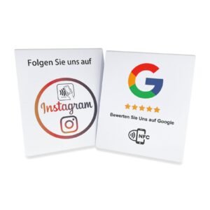 Doppelseitiger NFC-Aufsteller für mehr Google Bewertungen und Instagram-Follower
